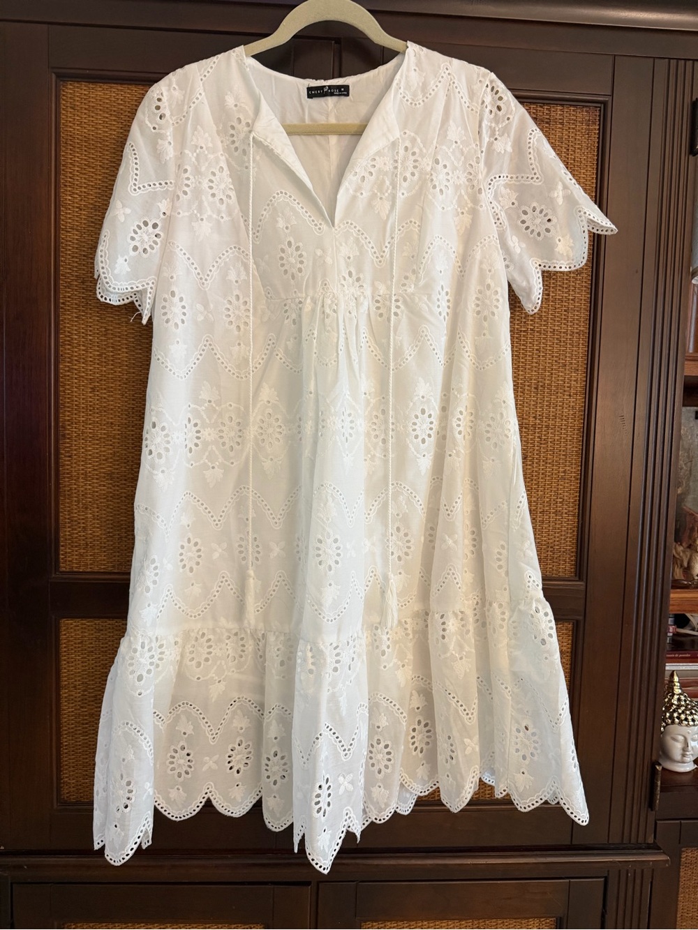White Eyelet Midi Dress with Scalloped Hem